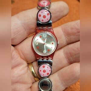 Swatch Watch Red Pink Daisy Polka Dot Metal Band